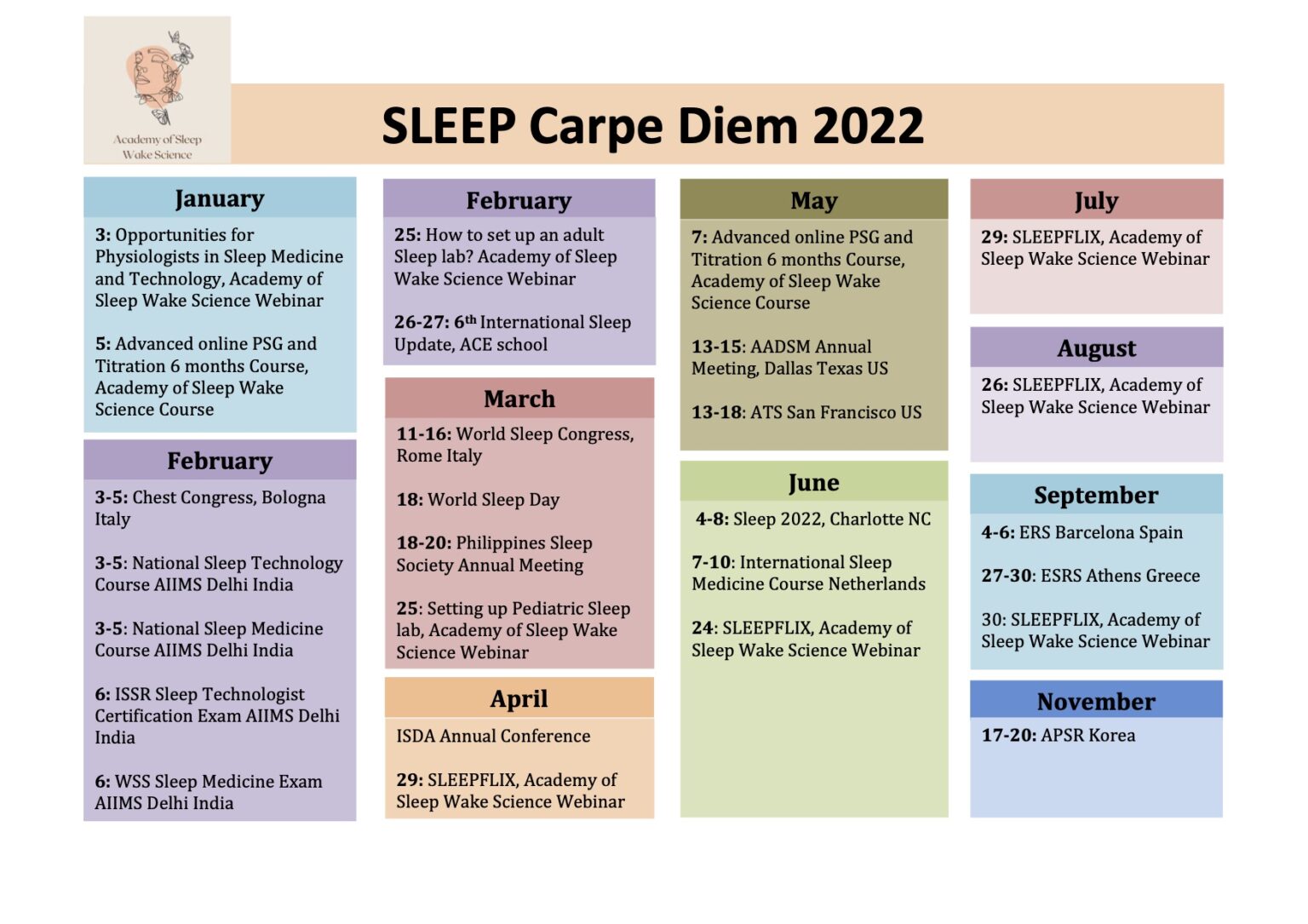 Sleep Events Calendar 2022 ASWS Education